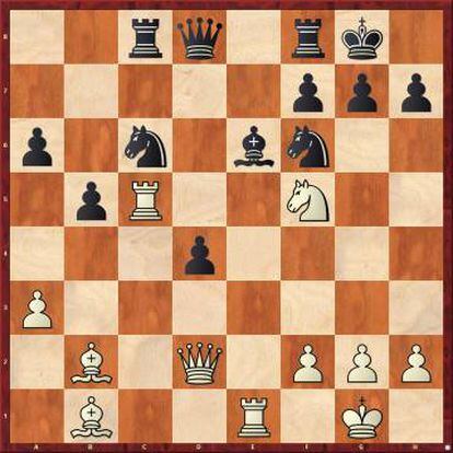 Punto culminante de la primera partida de la sexta manga. Carlsen incendia el tablero con Cxg7!!