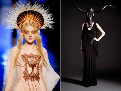 Jessica Stam como una virgen en la colección primavera verano de 2007 de Jean Paul Gaultier y colección primavera verano 20015 de Gareth Pugh, inspirada en el ocultismo pagano.