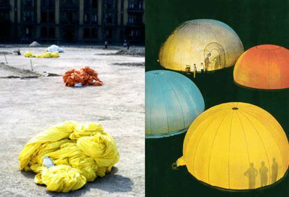 A la izquierda, el solar donde Prada Poole colocó la sede para los Encuentros del Arte de Pamplona, una vez desmontadas (desinfladas) las cúpulas. A la derecha, las Nylon Airhouses, de Frank Lloyd Write, aparecidas en la revista 'Life' en 1957. |