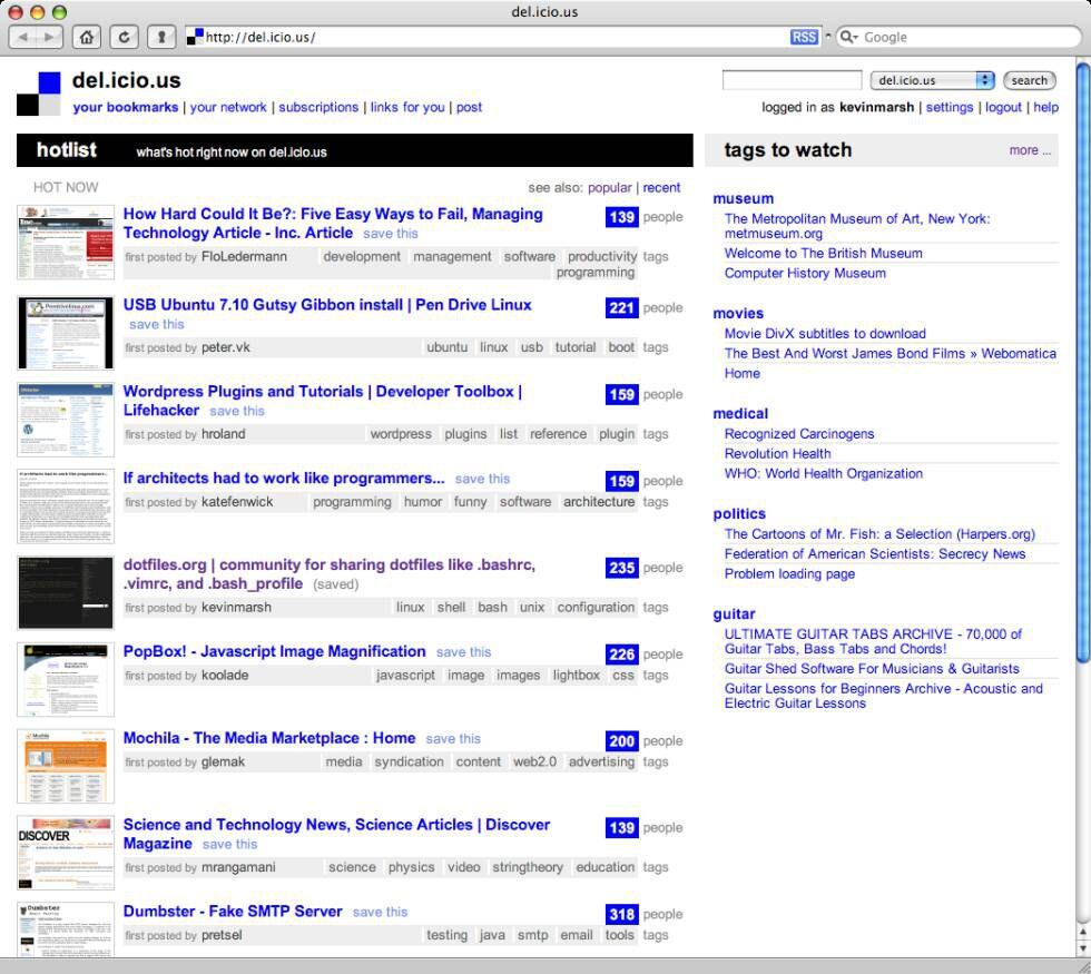 La interfaz de Del.icio.us en 2011.