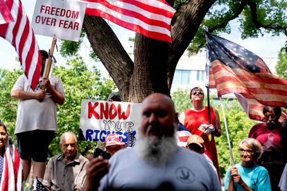 Members of the 1776 Restoration movement demonstrate outside the courthouse where Steve Bannon will be tried on Monday.