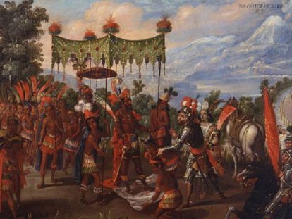 Pintura del siglo XVII sobre el encuentro entre Moctezuma y Cortés.