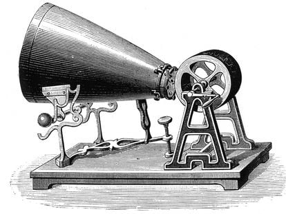 Dibujo del fonoautógrafo inventado por el librero francés Édouard-Léon Scott de Martinville.
