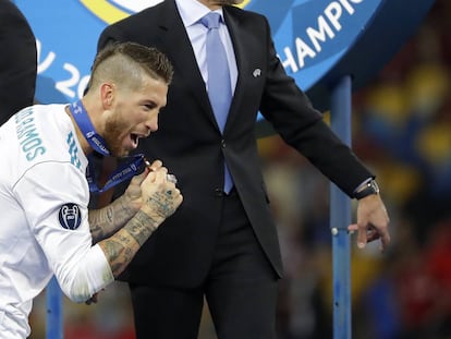 Sergio Ramos celebra la victoria en la Champions League.