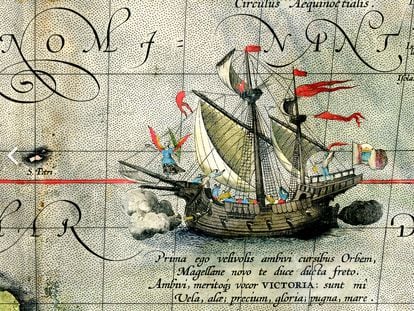 La nao 'Victoria', único barco que culminó la circunnavegación de Magallanes en 1522, por Abraham Ortelius.