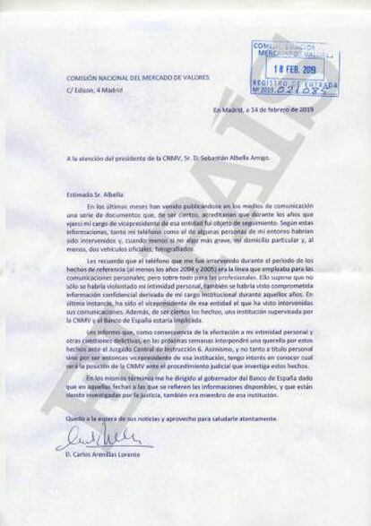 Carta de Arenillas a la Comisión Nacional del Mercado de Valores.