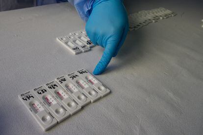 Detalle de varios tests de antígenos positivos en el centro de salud de San Andrés de Murcia el jueves pasado.