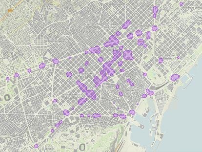 Mapa de las zonas de Barcelona con mayor concentración de accidentes de bicicleta en los últimos diez años. / AMB / IERMB