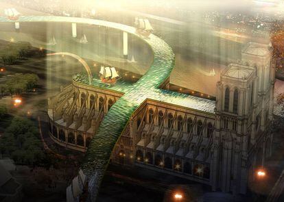 'Flowing Fish', un proyecto del vietnamita Huynh Thanh Nha, que plantea un puente acuático que cruza por encima de la catedral y une el Sena en sus dos costados y que, según la estación del año, puede convertirse en una parasela con distintas actividades para visitar el templo desde arriba. |