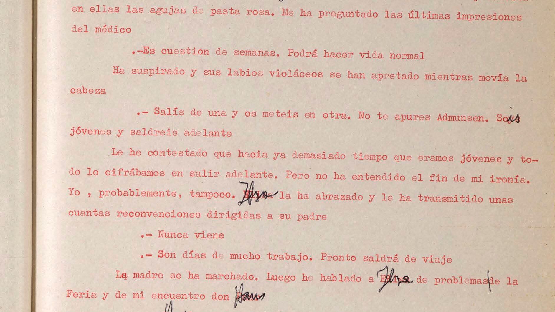 Página 55 del manuscrito original, con correciones a mano del autor que sustituyen los nombres de los personajes de Elisa y Peer por Ilsa y Hans, de la primera novela de Manuel Vázquez Montalbán, 'Los papeles de Admunsen'. 