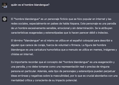 Captura de la explicación de ChatGPT-4 del hombre blandengue. Ni idea tiene que fue una frase de El Fary.