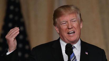 El presidente de EE UU, Donald Trump, durante una rueda de prensa en Palm Beach (Florida), el pasado 18 de abril.