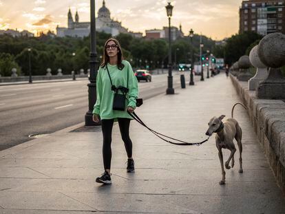 Una mujer pasea con su perro por el puente de Segovia, en Madrid.