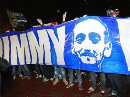 La hinchada del Deportivo reclama justicia para Jimmy, en una protesta en 2019.