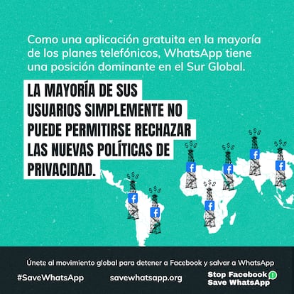 Publicidad de la campaña Stop Facebook Save WhatsApp.