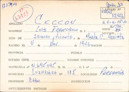 File of the Police Intelligence services, with the data of Luis Ceccón, including his profession: Corporal.