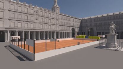Render de una pista de tenis en la Plaza Mayor de Madrid para el Mutua Madrid Open 2024.