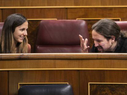 Ione Belarra y Pablo Iglesias en el Congreso de los Diputados, este martes.