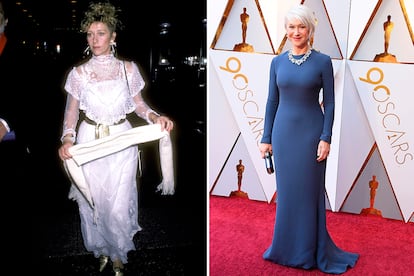 Helen Mirren en el estreno de Noches Blancas, en Nueva York, en 1985. A la derecha, en los Oscar que se celebraron el pasado mes de febrero.