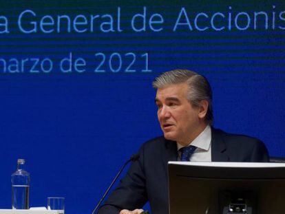 Francisco Reynés, presidente y consejero delegado de Naturgy, durante la última junta de accionistas, en marzo.