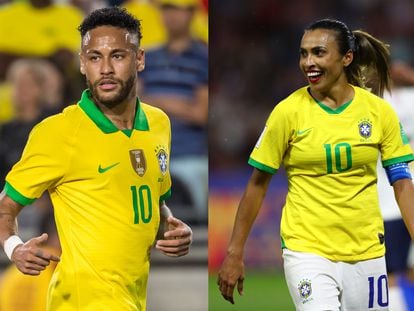 Neymar durante un partido en Los Ángeles en 2019, a la derecha, Marta de Brasil mira durante la Copa Mundial Femenina de la FIFA Francia 2019.