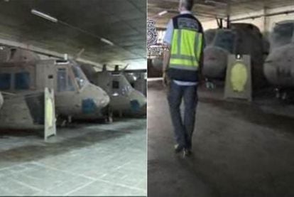 En la imagen de la izquierda, uno de los hangares inspeccionados en la Operación Nam. En la otra foto, un policía de Información camina ante unas aeronaves.