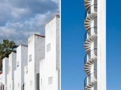 A la izquierda, conjunto de viviendas en Setefilla (Sevilla). A la derecha, campanario de Llanos de Sotillo (Jaén). |