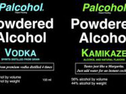 Etiquetas de Palcohol, marca de bebidas alcólicas en polvo.