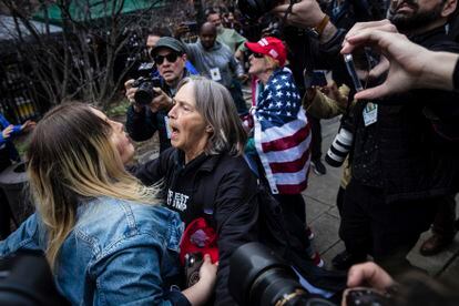 Protesters argue at the Collect Pond Park across the street from the Manhattan District Attorney's office in New York on Tuesday, April  4, 2023