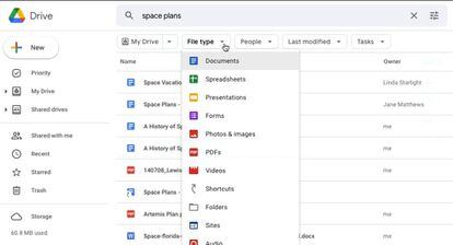 Más criterios de búsqueda en Google Drive.