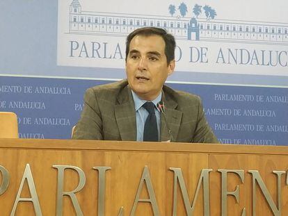 El portavoz parlamentario del PP-A, José Antonio Nieto, en rueda de prensa.
 