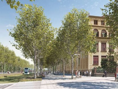 Imagen virtual de cómo quedaría, cortado al tráfico, el cruce entre Diagonal, Aragó y Sardenya.