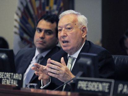 El ministro espa&ntilde;ol de Asuntos Exteriores, Jos&eacute; Manuel Garc&iacute;a-Margallo, durante su discurso en la OEA.