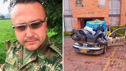 A la izquierda, el exmilitar colombiano John Leo Rocha, y a la derecha, dos de sus vehículos vandalizados por sus vecinos, en imágenes compartidas en redes sociales.