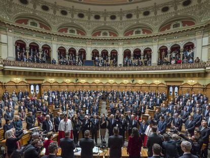 Miembros del Consejo Federal en el Parlamento suizo en Berna. 