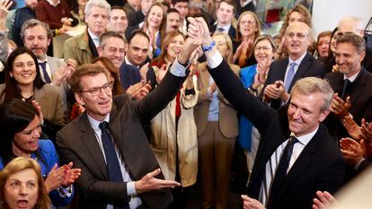 Alberto Núñez Feijóo y Alfonso Rueda celebraban el día 19 los resultados de las elecciones gallegas en la sede del PP en Madrid.