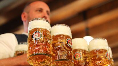 Un camarero porta hasta 10 jarras de un litro de cerveza en el Oktoberfest de este año.