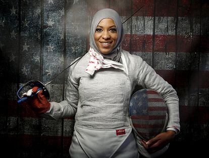 U.S. Olympic team fencer Ibtihaj Muhammad poses for a portrait at the U.S. Olympic Committee Media Summit in Beverly Hills