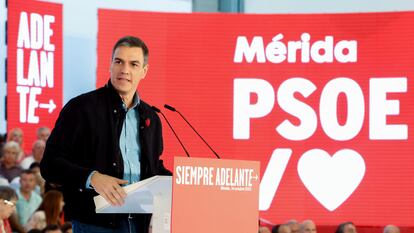 Pedro Sánchez, este sábado en un mitin del PSOE en Mérida (Badajoz).