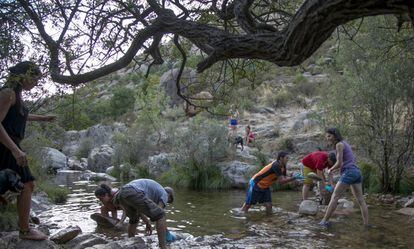Vecinos de Manzanares el Real (Madrid) hacen una batida de limpieza en el río Manzanares, a su paso por La Pedriza.
