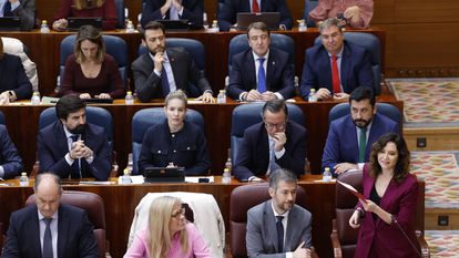 La presidenta madrileña, Isabel Díaz Ayuso, interviene este jueves desde su escaño en el pleno de la Asamblea de Madrid.