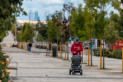 Una persona pasea al bebé por el Cañaveral, en Madrid.