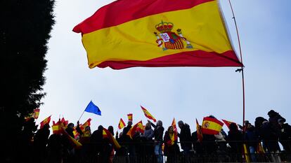 Manifestación contra la amnistía en el templo de Debod, este domingo en Madrid.
