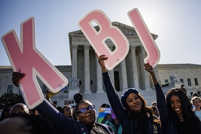 Supporters of Judge Ketanji Brown Jackson demonstrate Monday outside the United States Supreme Court in Washington.