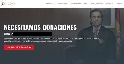 Captura de la web de Acodap, donde pide donativos, con la fotografía del exjuez Presencia de fondo.