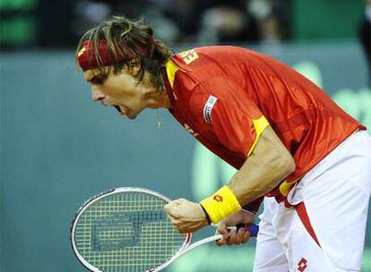 David Ferrer celebra la consecución de un punto.