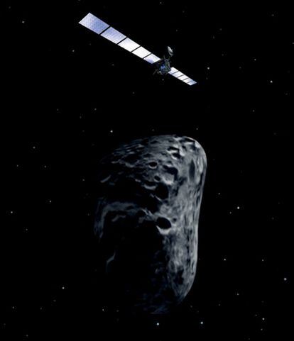 Ilustración de un sobrevuelo de la sonda espacial 'Rosetta' de un pequeño cuerpo del Sistema Solar