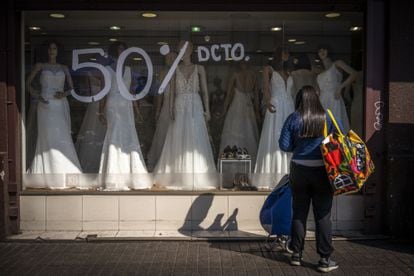 Wedding dresses in a shop window in Santiago, Chile, on Thursday, September 2, 2021.