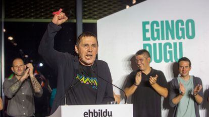 Arnaldo Otegi celebra el pasado lunes los resultados electorales de EH Bildu en los comicios locales del 28-M.
