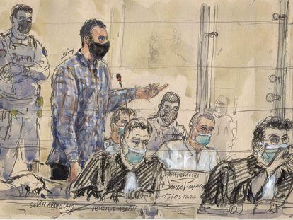 Un momento del interrogatorio a Salah Abdeslam, con su abogado de pie.